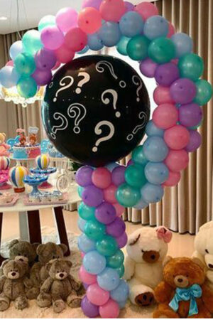 Знак вопроса с шаром и конфетти из воздушных шаров