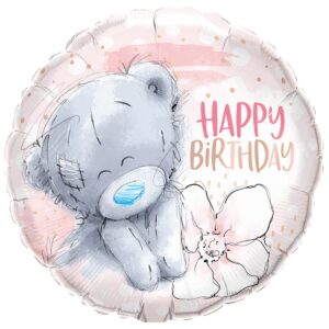 Шар из фольги Круг Happy Birthday мишка Тедди с цветком