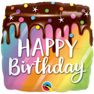 Шар из фольги Квадрат Happy Birthday пирожное с глазурью радужное