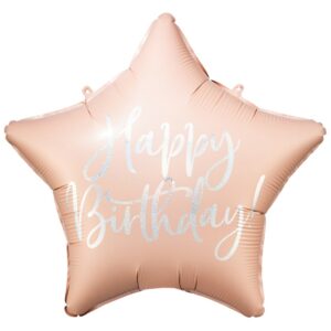 Шар Звезда Happy Birthday розовая пудра с серебристой надписью