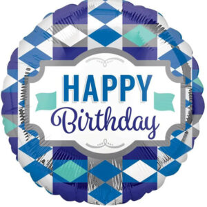 Шар Круг Happy Birthday синие ромбики